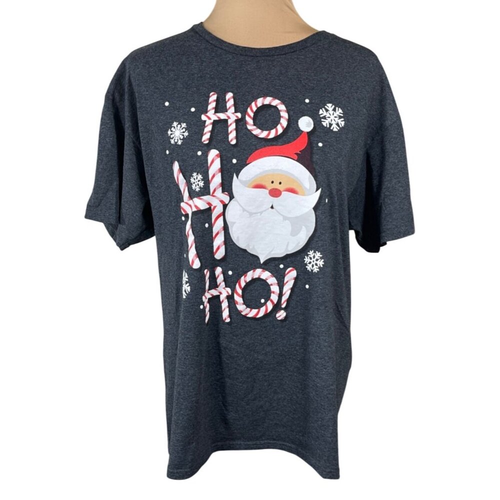 Ho Ho Ho Christmas T-Shirt Crew Neck Grey Santa Christmas Size L large